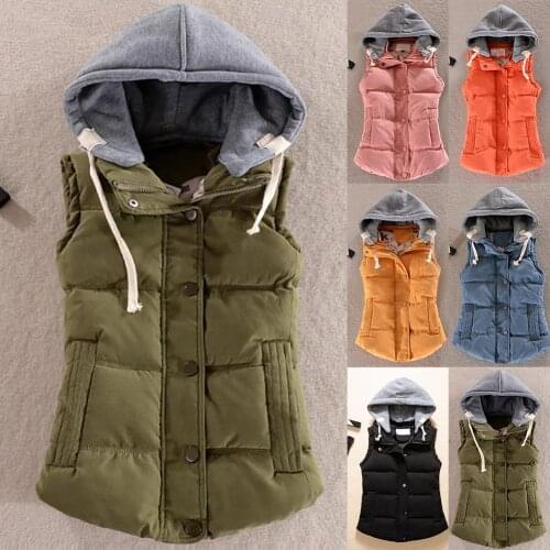 Women Autumn Winter Warm Down Vest Zip Button Pocket Removable Hooded Waistcoat
