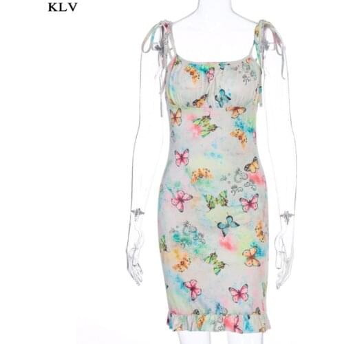Women Colorful Butterfly Print Lace-Up Bodycon Mini Sling Dress Sexy Ruched Backless Ruffles Hem Party Sundress Clubwear