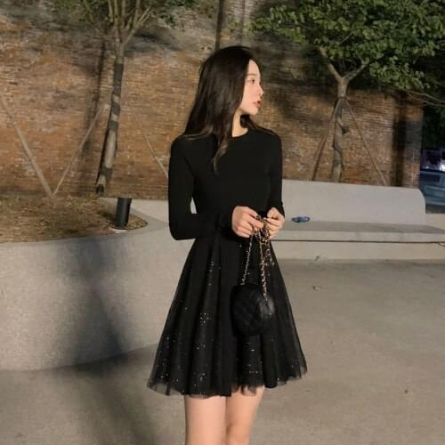 Spring Summer Elegant Shiny Mesh Midi Long Sleeve Patchwork Women Female Lady Dress