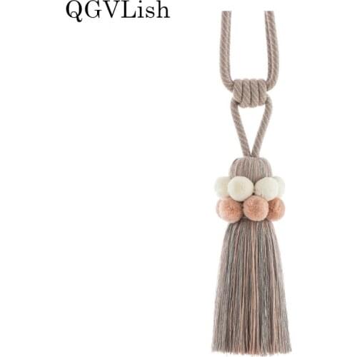 QGVLish 2Pcs Pompon Curtain Tiebacks Brush Tassels Fringe Hanging Belts Balls Bind Ropes Straps Curtain Accessories Tie back