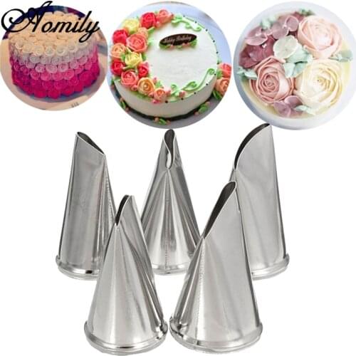 Aomily 5pcs/Set Rose Petal Icing Piping Nozzles DIY Cake Cream Decorating Tips Set Stainless Steel Baking Cupcake Pastry Tools