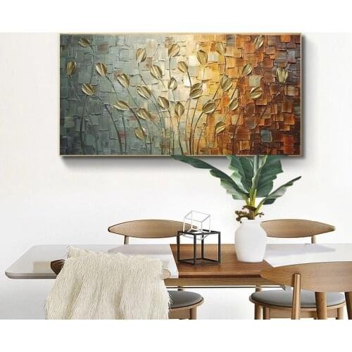 Abstract Golden Leaves Flowers Oil Painting on Nordic Canvas Wall Art Posters Prints Wall Pictures for Living Room Home Cuadros