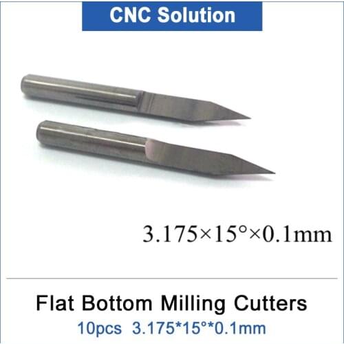 DRAGON DIAMOND 10 piece V Shape Carbide Engraving Tools 3.175mm*15 degree*0.1mm Flat Bottom Cutting Bits Milling Cutters
