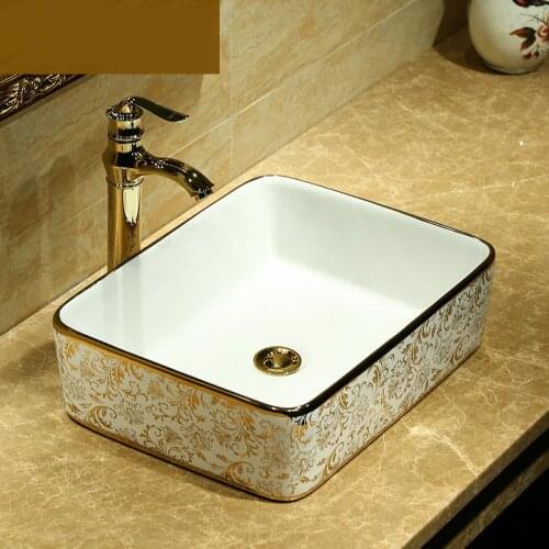 Artistic Painting gold pattern Porcelain Art Countertop Washnasin Ceramic Bathroom Vessel Sinks Vanities basin wash rectangular