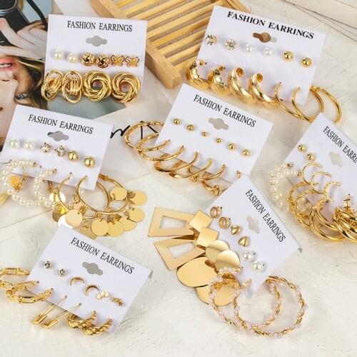 Fashion Vintage Pearl Geometric Earrings Sets For Women New Gold Metal Hanging Earrings 2021 Trend Female Modern Party Jewelry