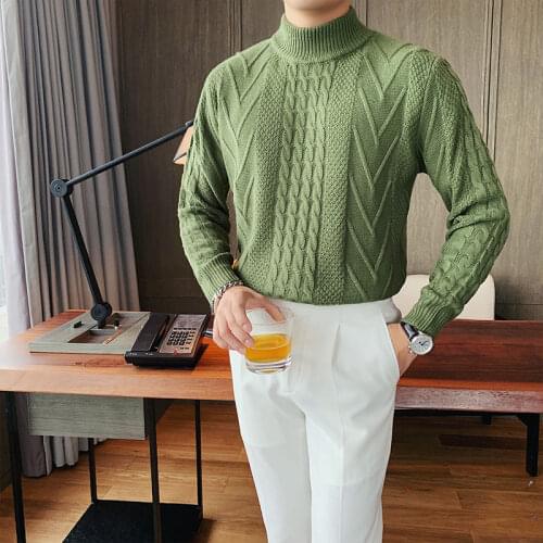 2020 Winter Half Turtleneck Sweater Men Pullover Knitwear Twist Casual Male Slim Fit Knitwear Tops Thick Warm Pullover Homme