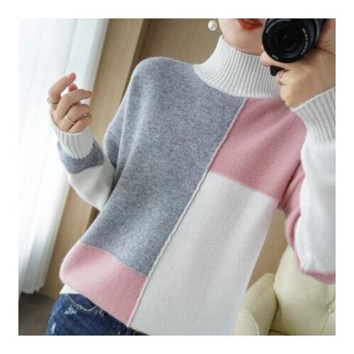 New Cashmere Sweater Womens High-Neck Color Matching 100% Pure Wool Pullover Fashion Plus Size Warm Knitted Bottoming Shir