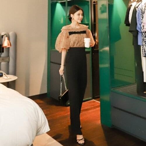 New arrival comfortable fashion 2 pieces women sets dot mesh perspective shirt and black long pants office lady elegant sets