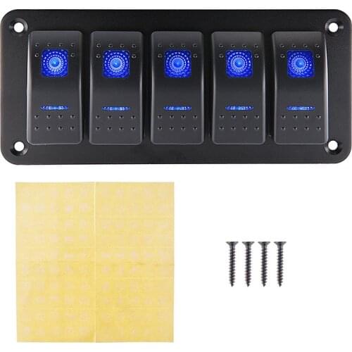 New Blue LED Light 5 Gang Marine Boat Toggle Rocker Car Switch Panel Sticker Set For 12~24V RV Camper Accessories
