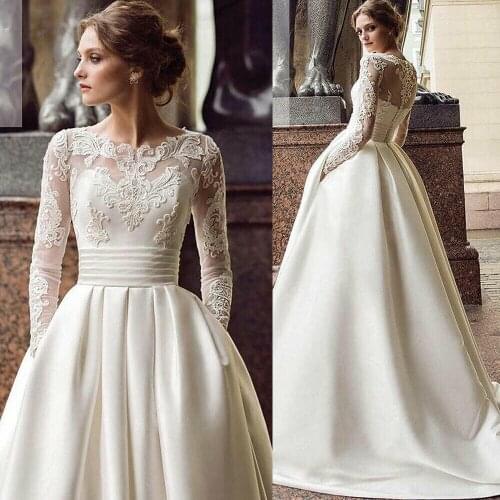 2021 Satin Ivory White Wedding Dresses O-Neck Full Sleeves A-Line Zipper Sheer Back Vintage Lace Princess Bridal Gowns New