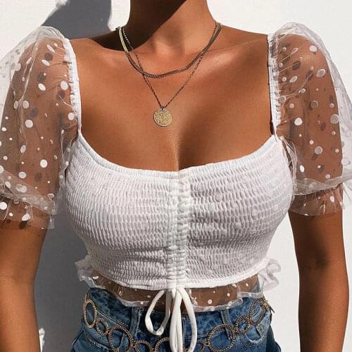 Mesh Patchwork Shirring Slim Short Women T-shirt Summer Puff Sleeve Square Collar Female T-Shirts Streetwear Solid Sexy Lady Top