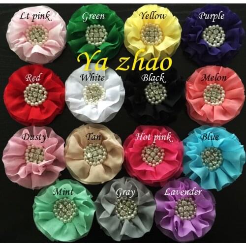 Free Shipping, 30pcs/lot, 3.5" Beaded Chiffon hair Flower, Pearl Rhinestone Chiffon Ruffled Flower For hair accessories