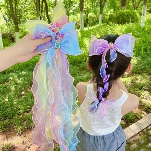 2021 Bowknot Streamer Hairpin for Child Girls Satin Ribbon Barrette Bow Back Head Spring Clip Headwear Hair Accessories