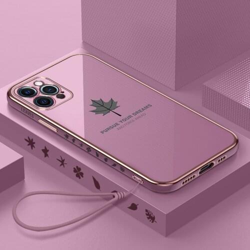 Luxury Cute Maple Leaf Square Plating Silicone Phone Case For iPhone 13 12 11 Pro XS max XR 8 7 6 Plus Ultra-thin Lanyard Cover