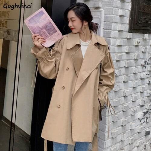 Trench Women Pleated Double Breasted Turn-down Collar Korean Style Womens All-match High Quality Chic Soft Simple Solid Casual