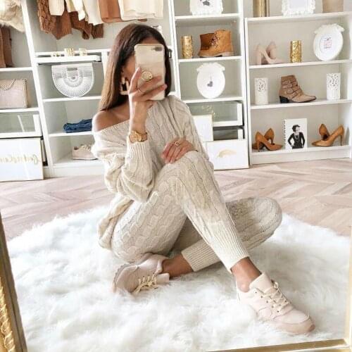 Spring Cotton Tracksuit Women 2 Piece Set O-Neck Sweater Top+Elastic Waist Pant Knitted Suit Women Coat 2 Piece Set