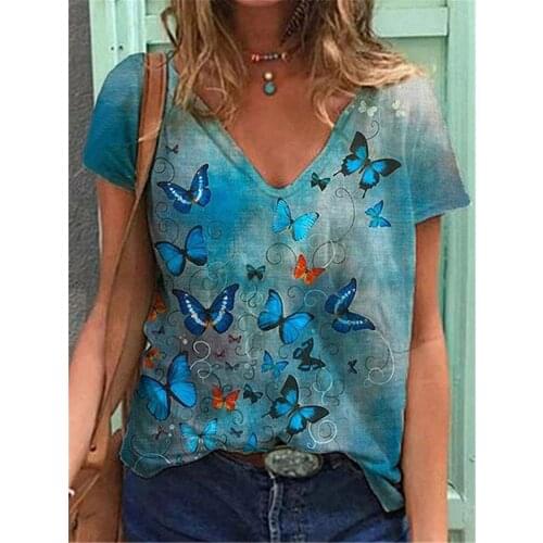 Summer 2021 Tshirt Women Butterfly Print Casual Top Female Clothes Streetwear Aesthetic Vintage Shirt Short Sleeve Graphic Tee