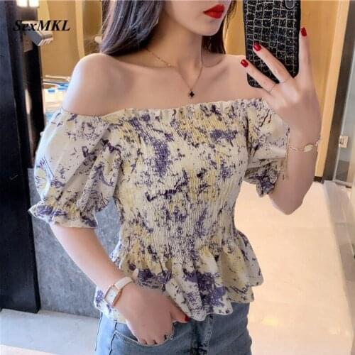 Sexy Off Shoulder Women Tops 2021 Fashion Floral Print Chiffon Summer Blouses Elegant Vintage Slim Korean Blusa Mujer Corset Top