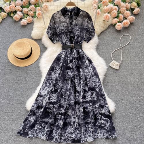 2021 Summer Fashion Temperament Maxi Vestidos Female Polo Collar Breasted Slim Retro Print Long Dress DF114