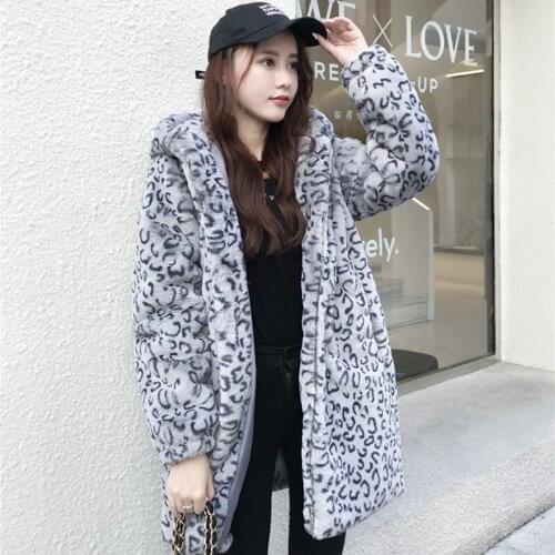2021 Winter Thick Warm Gray Leopard Hooded Faux Fur Coat Women Long Outerwear Korean Fashion Plus size Loose Fur Jacket Female