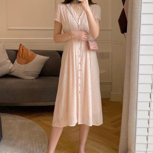 Women Dress 2020 New Jacquard Pleated Neckline Printed Short-sleeved Midi Dress