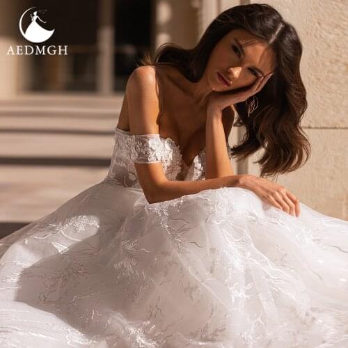 Aedmgh A-Line Wedding Dresses 2021 Sweetheart Off The Shoulder Shiny Vestido De Novia Lace Appliques Backless Robe De Mariee