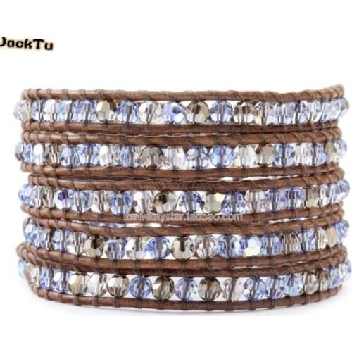Free shipping blue grey crystal leather wrap bracelet for woman