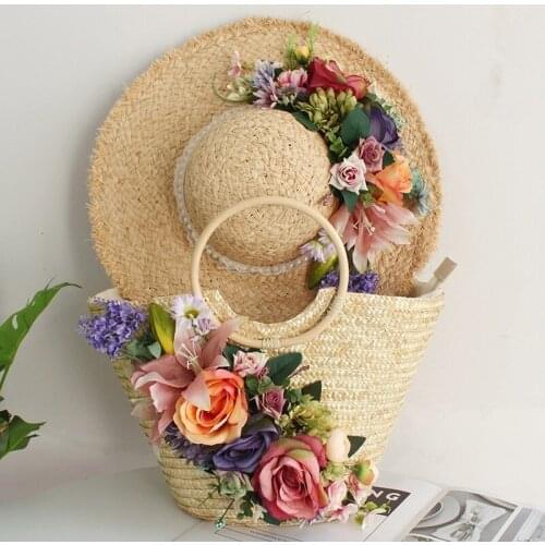 Vacation Straw Bag Hand-knitted Flowers Totes for Women Braided Handbag Beach Larger Capacity Woven Rattan Bags with Sun Hat