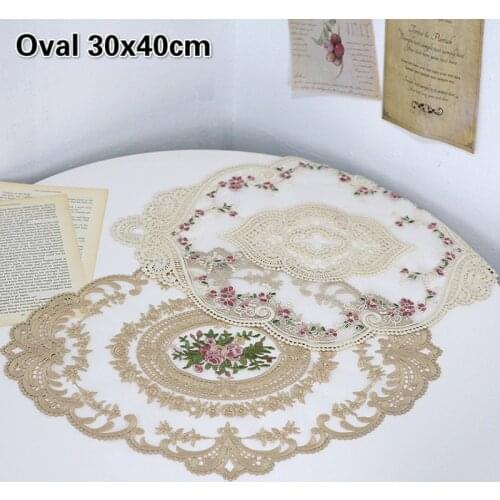 European Oval Embroidered Lace Fabric Transparent Placemat Coaster Coffee Table Mat Snack Food Cover Cloth Kitchen Decoration