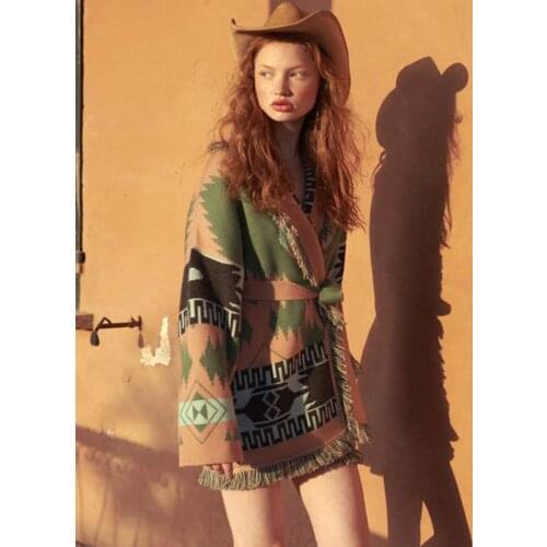 Jastie Retro Jacquard Cashmere Sweater Cardigan Women Long Sleeve Loose Winter Wool Outerwear Tassel Chic Female Streetwear Coat