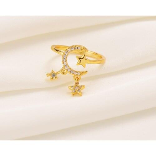 Crescent Moon Star Ring Yellow 18k Fine Solid Gold Filled Band NEW Celestial Night Sky Vintage Triple Goddess Pentacle CZ