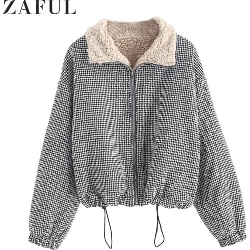 ZAFUL Fleece Zipper Plaid Jacket Women Houndstooth Long Sleeve Warm Winter Outerwear Fashion Streetwear Ladies Coats