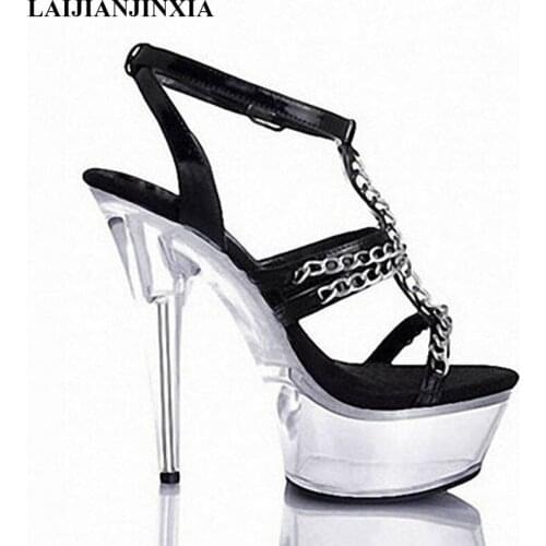 LAIJIANJINXIA New Summer Shoes for Women PU Leather Comfort Fashion Sandals Ladies Party Crystal Shoes 15CM High Heels Sandalia
