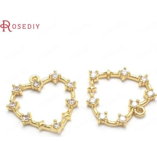 37197)6PCS 18x19MM 24K Gold Color Brass and Zircon Heart Charms Pendants High Quality Jewelry Making Supplies Diy Accessories
