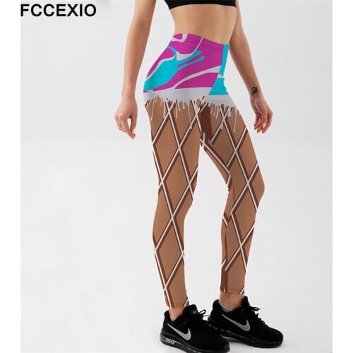 FCCEXIO New Leggings Fashion Cute Ice Cream Print Legings Women Elastic Fitness Leggins Mid Waist Trouser Skinny Sexy Pant
