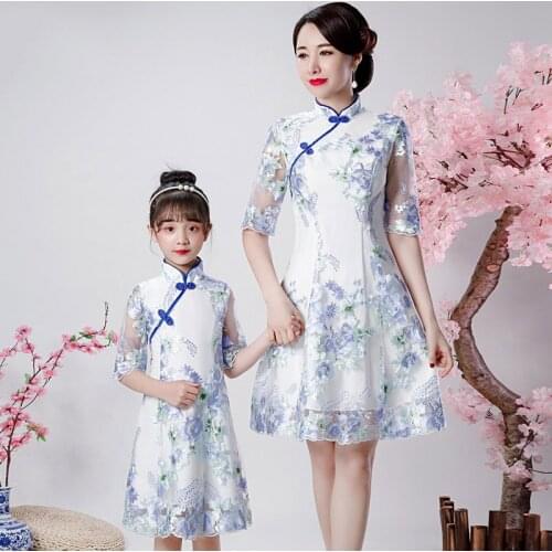 Summer Mom And Daughter Dresses Qipao Cheongsam Parent-child Chinese Family Matching Outfits Coats Parent Children Girls Sister