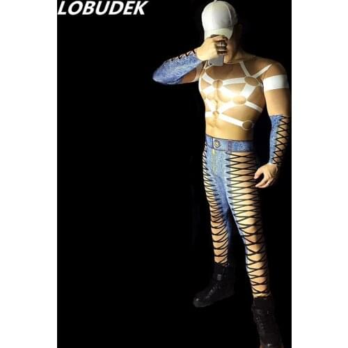 Men False Muscle Bandage Printed Elastic Leotard Bar Nightclub Pole Dance DJ Stage Dance Costume Acrobatic Performance Jumpsuit