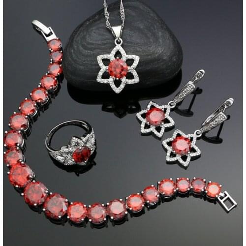 925 Silver Bridal Jewelry Sets For Women Red Cubic Zirconia Earrings Pendant Ring Bracelet Necklace Set