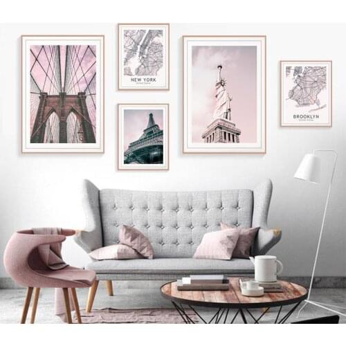 Tower Bridge Wall Art Canvas Fashion Poster Pink City Landscape Print Painting Nordic Map Pictures for Living Room Home Decor