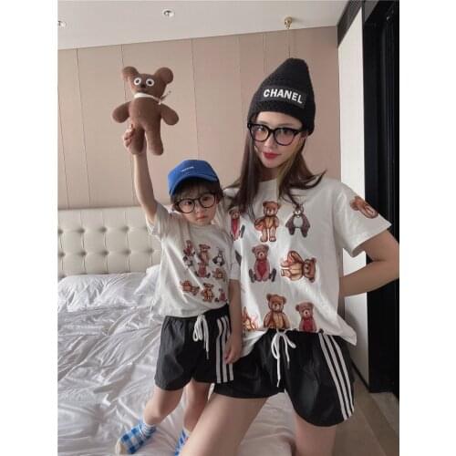 2021 Summer New Family Parent-child Clothes Boys And Girls Korean Bear Cartoon Full Print Short Sleeve Tees