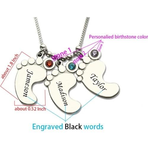 Personalized Babyfeet Birhstone Necklace Engraved Black Words Sterling Sliver Pendant Necklace Mother Grandma Gift Birthday