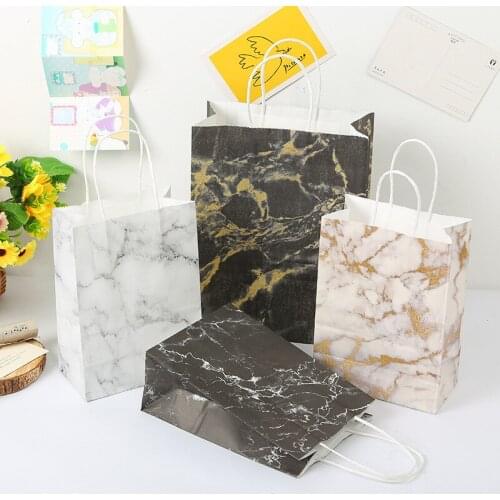 Marble Print Kraft Paper Gift Bag With Handles Christmas Wedding Birthday Party Decor Candy Simplicity Pouches 12pcs/lot