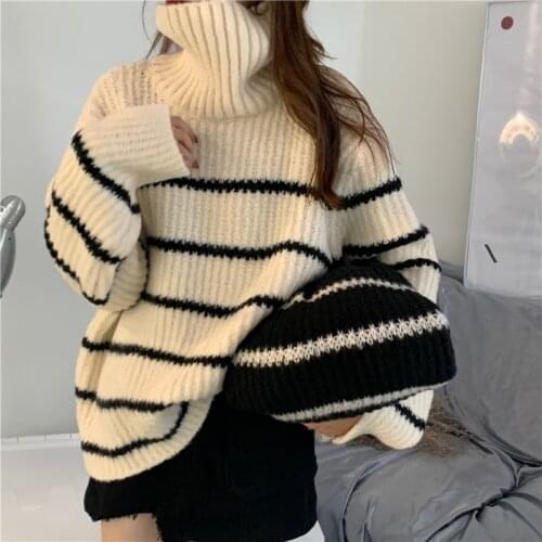 Casual All-Match Home WomenS Sweater 2020 Thick Warm High-Neck Loose Striped Ladies Sweater