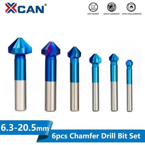 XCAN HSS Chamfer Drill Bit 6pcs 6.3-20.5mm 90Degrees 3 Flutes Countersink Drill Bit Nano Blue Coated Chamfer Cutter