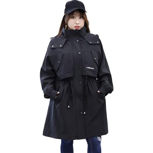 Oversize Tooling Trench Coat Women Spring Autumn Hooded Windbreaker Black Casual Top Female Loose Plus size 4XL Trench Outerwear