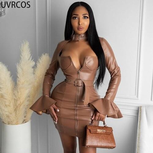 UVRCOS Y2k Clothes Pu Leather Mini Dresses Summer Women Clothes Long Sleeve Square Neck Zipper Belt Skinny Sexy Mujer Club Dress