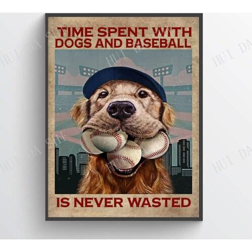Time spent with dogs and baseball is never wasted poster, Gift, Love Dog Poster, Golden Dog Print, Baseball Lovers Poster