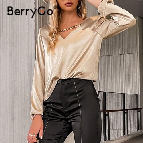 BerryGo Sexy v-neck with gold chain women satin blouse Fashion long sleeves solid color tops High street lady blouse 2021 autumn