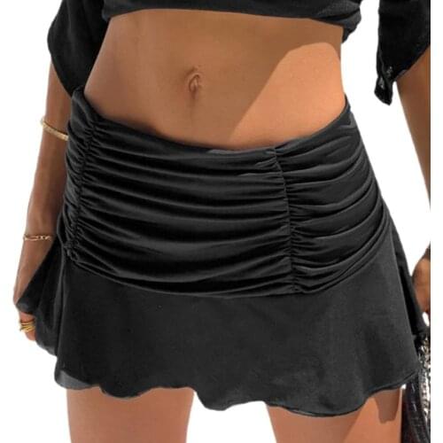 Women Summer Casual Pleated Hem Short Skirt Solid Color Elastic Waist Short Skirt Black White Orange