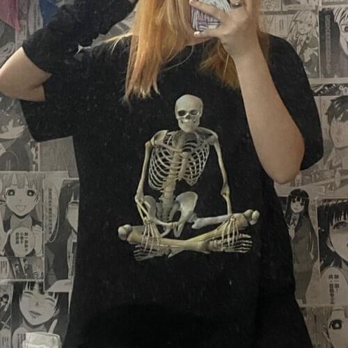 Vintage oversized gothic skull Casual Tops Y2K Summer Fashion Punk o-neck black Short-Sleeves t-shirt Women Wild tops Streetwear
